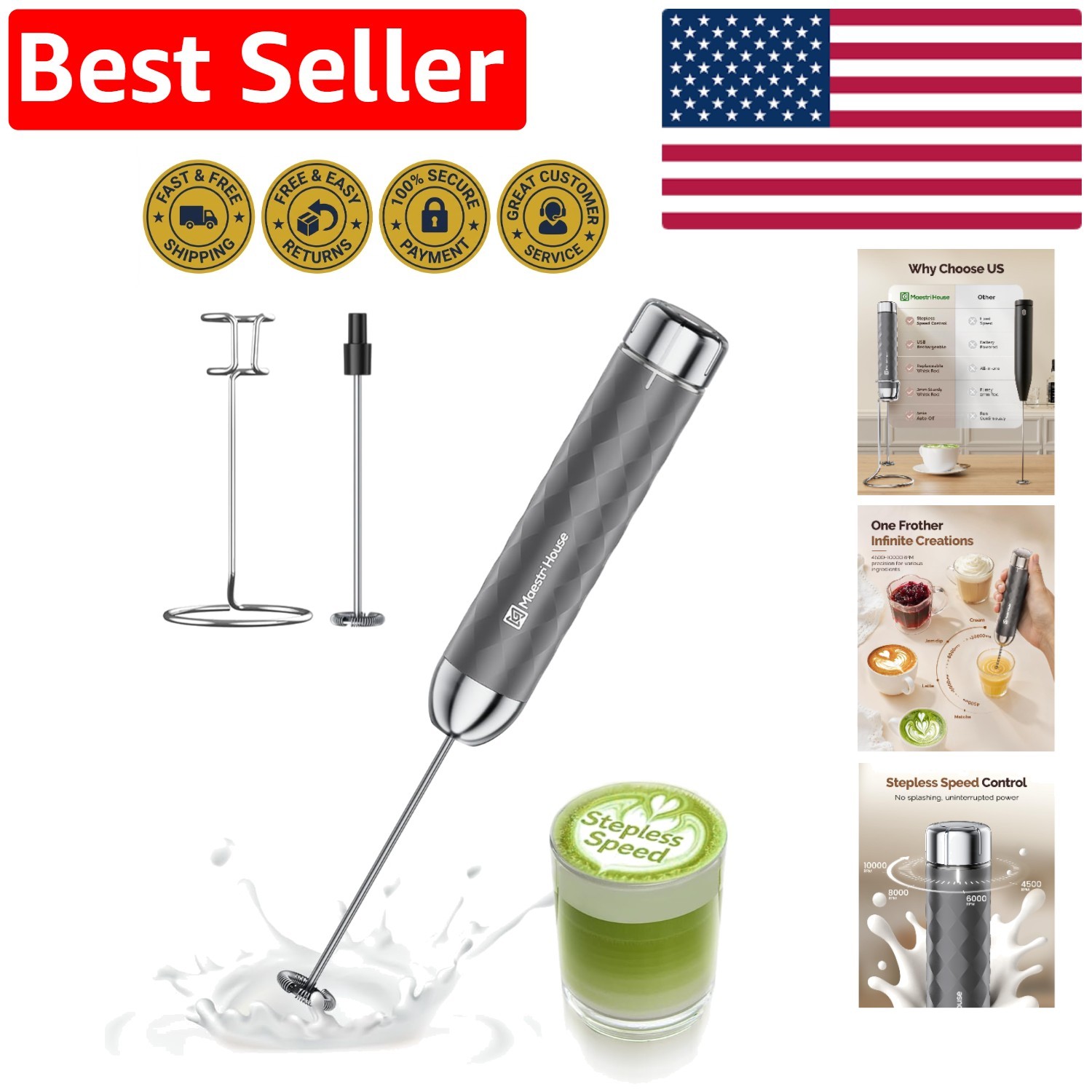 LunaFro 2.0 Stepless Speed Handheld Frother – Perfect for Cappuccinos & More
