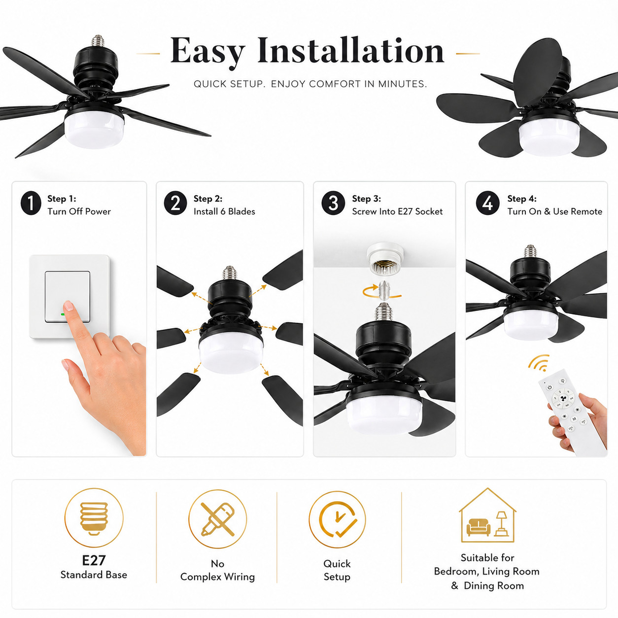 Socket Fan Light Ceiling Fans With Lights And Remote Dimmable LED Ceiling Fan US