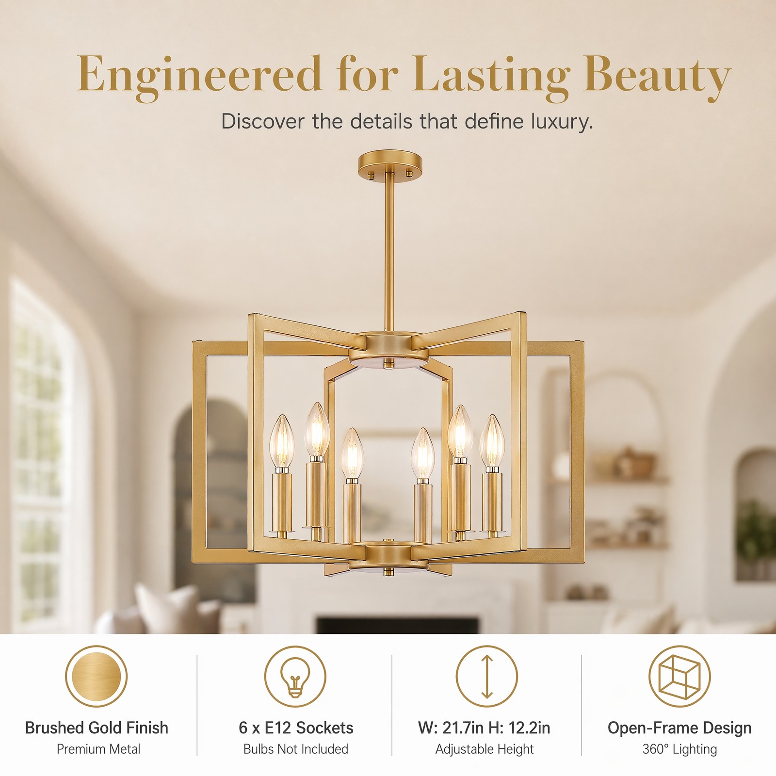 22 in Kitchen Living Room Industrial Gold LED Pendant Chandelier 6 Light Fixture