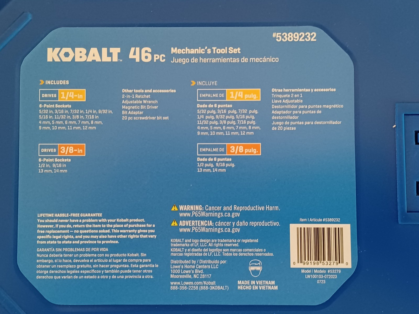 Kobalt 46 pc. Mechanic’s Tool Set Compact Stubby 5389232 Ratchet Socket Wrench