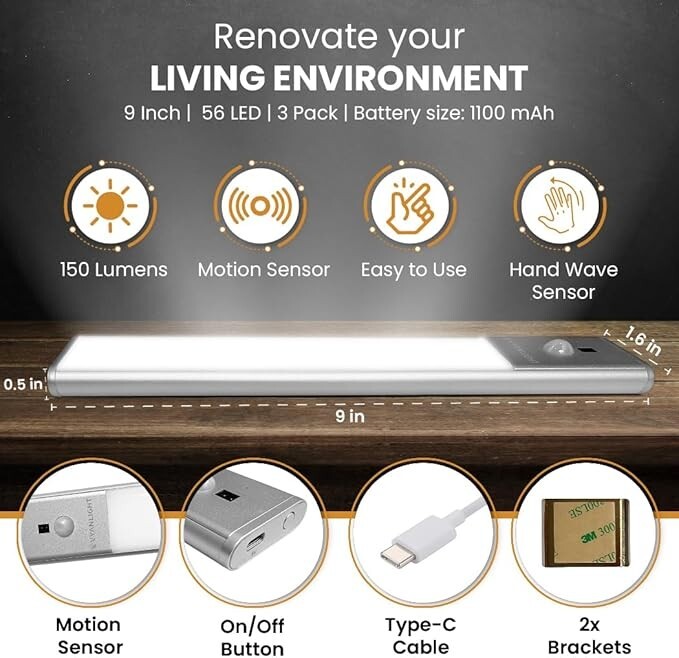 VYANLIGHT Wireless LED Cabinet Light – Motion Sensor, Hand Wave, Rechargeable