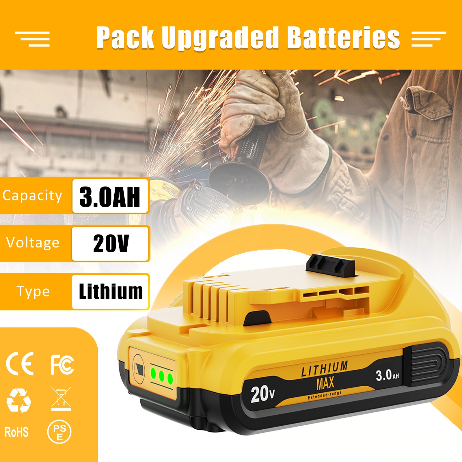 2New Replacement For Dewalt DCB203 20V Max Batteries 3Ah Lithium 20Volt DCB203-2