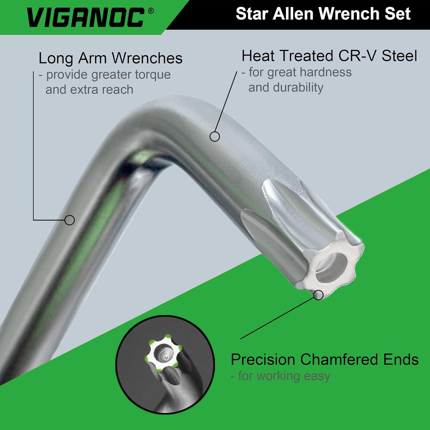 Chrome Vanadium Steel Long Arm Torx Star Allen Wrench Set, T10-T50, 9-Piece