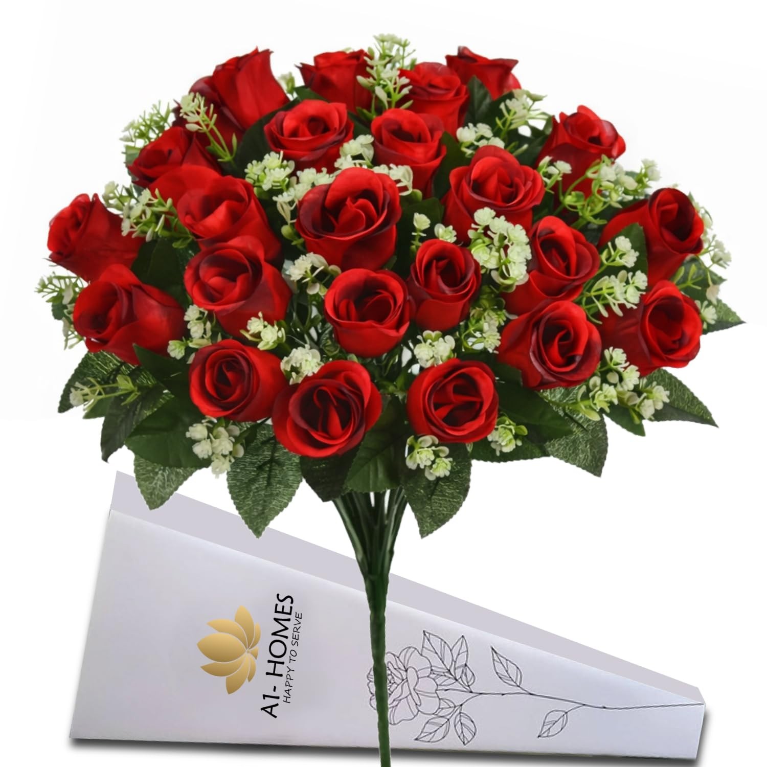 41cm Artificial Silk Red Rose Bush 24 Heads 2 Pack