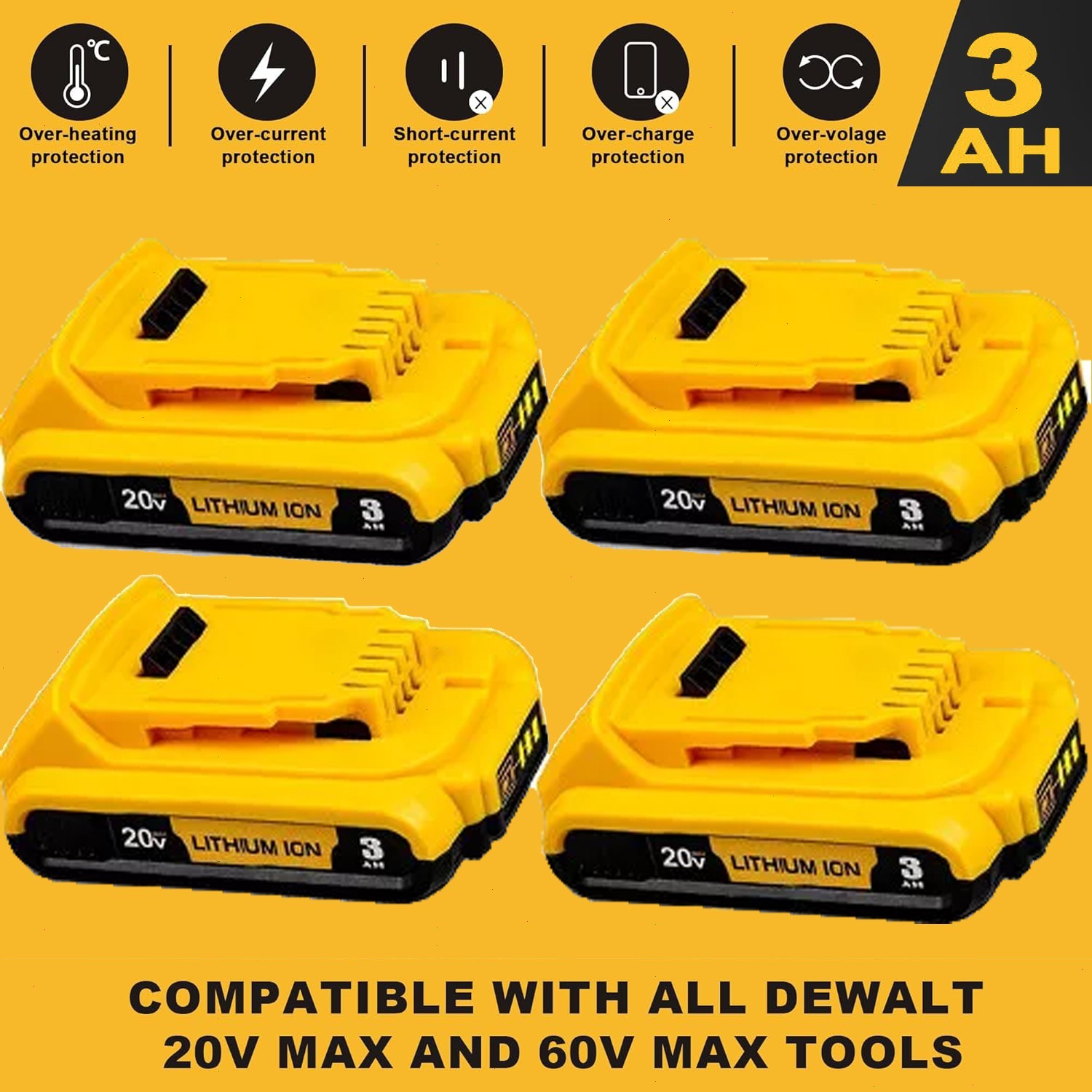 4PACK replacement Dewalt DCB203 20V Max Batteries 2.0Ah Lithium 20 Volt DCB203-2