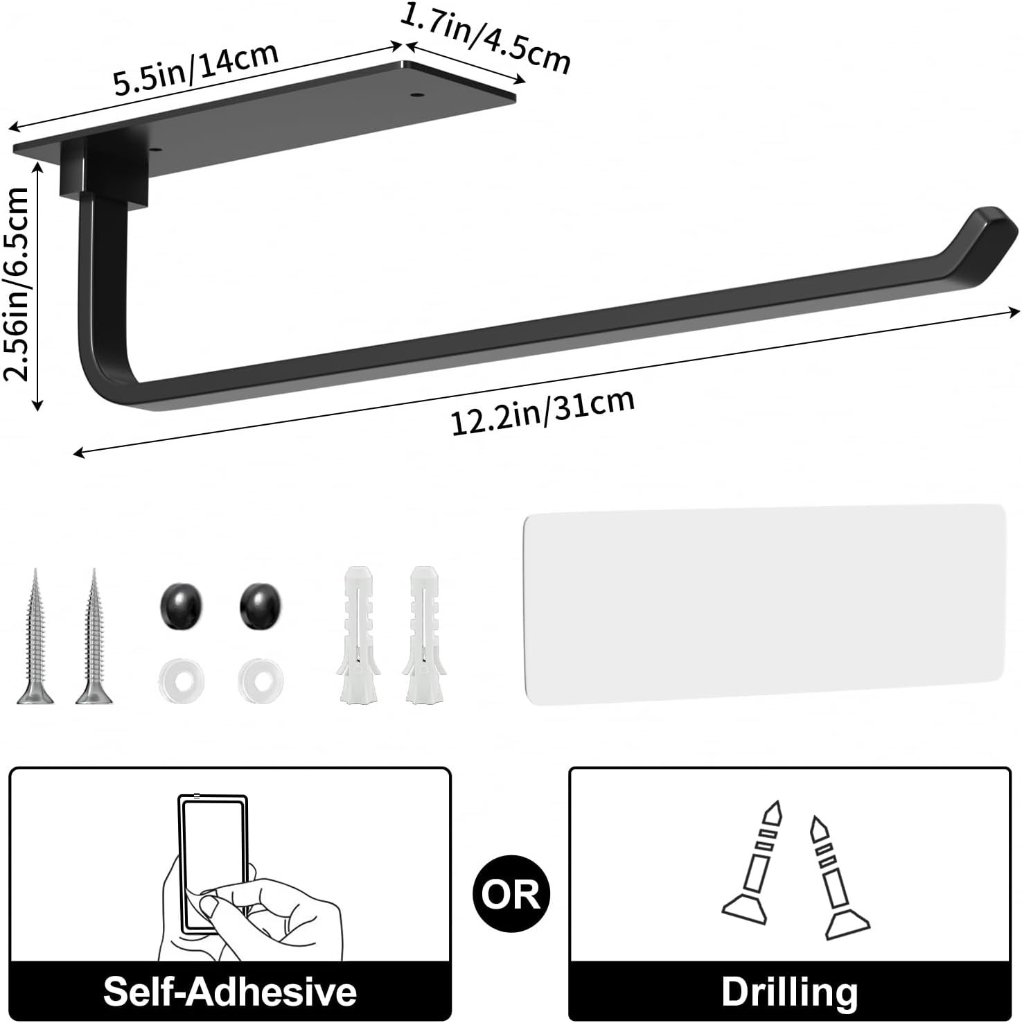 Paper Towel Holder – Self-Adhesive or Drilling, Matte Black, Upgraded Aluminum K
