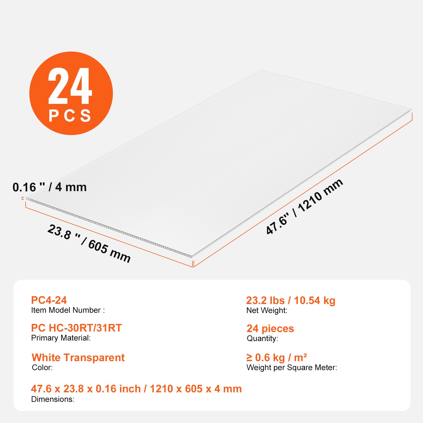 24 Pack Polycarbonate Greenhouse Panels 2′ X 4′ X 4mm UV Protected Roof Sheets