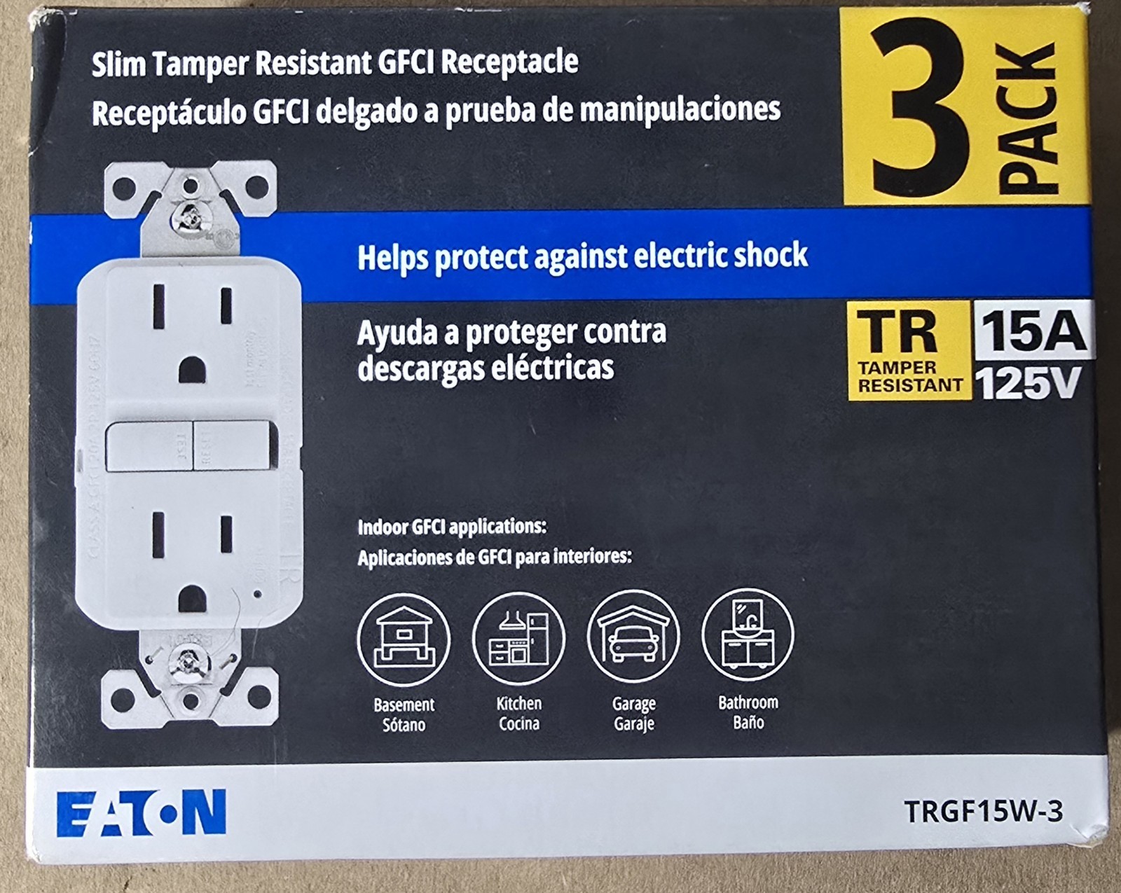 Eaton Slim Tamper Resistant GFCI Safety Circuit White Receptacle 15A 125V 3 Pack