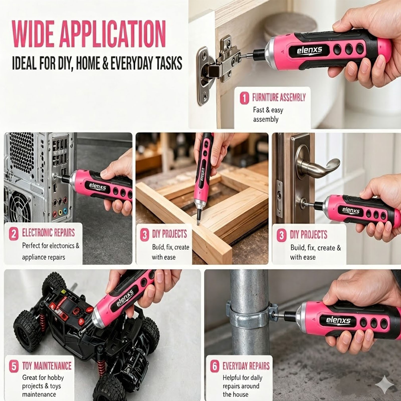 4V Cordless Electric Screwdriver 1300mAh USB Rechargeable 34pc DIY Home Tool Kit