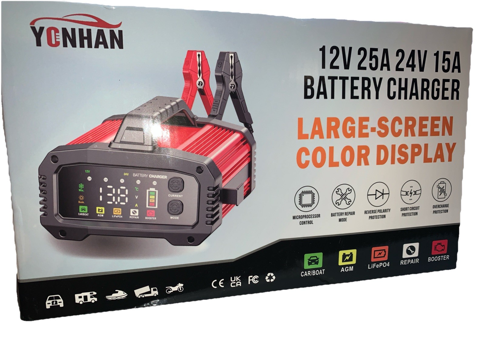 Fully Automatic Battery Charger, 25A 2/8/20/25 Amp 12V/24V LiFePO4 Lead Acid