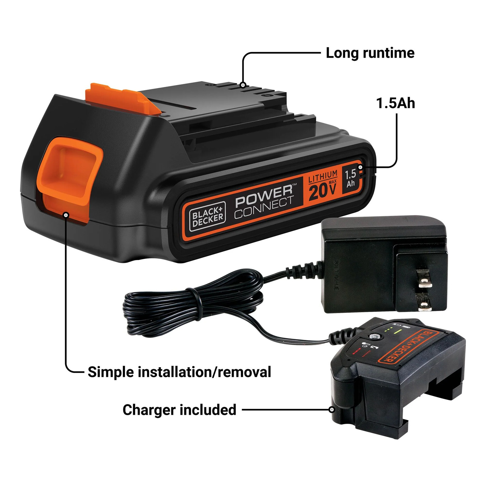 BLACK+DECKER 20V MAX* Powerconnect 1.5Ah Lithium Ion Battery + Charger -LBXR20CK