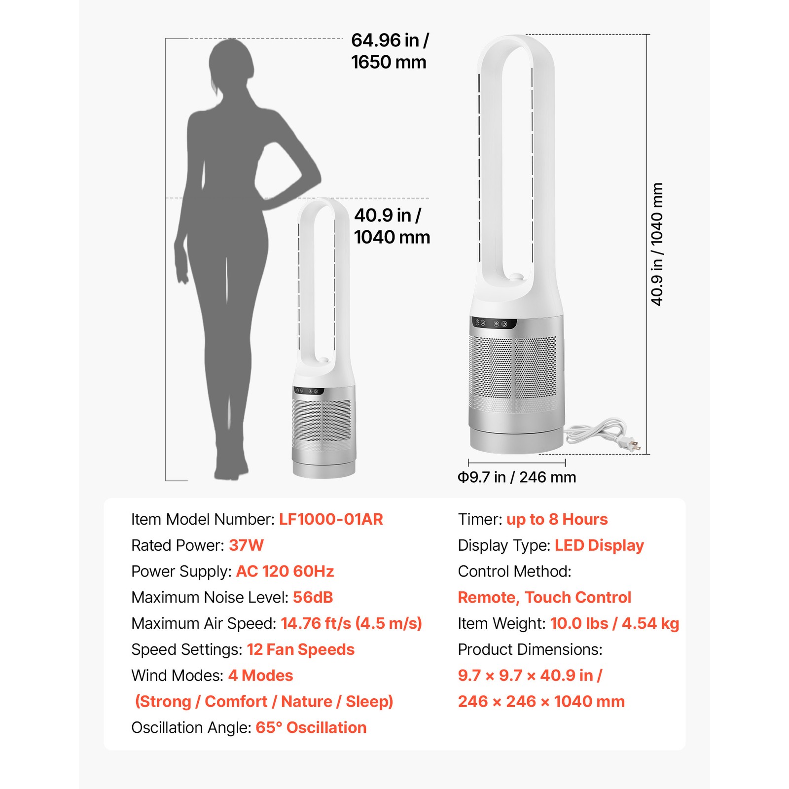 Uimoso Bladeless Tower Fan with Remote,65° Oscillation, 12-Speed Settings, White