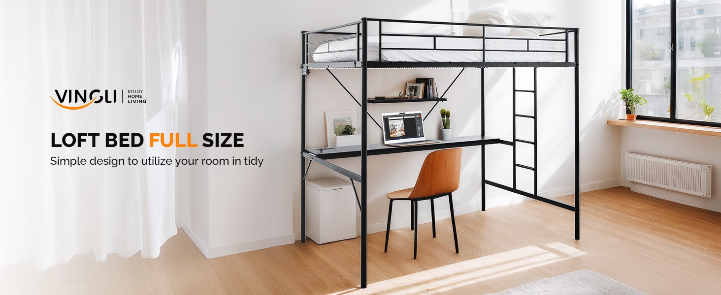 Full Size Metal Loft Bunk Bed Frame for Kids Teens Adults with Desk Underneath,2
