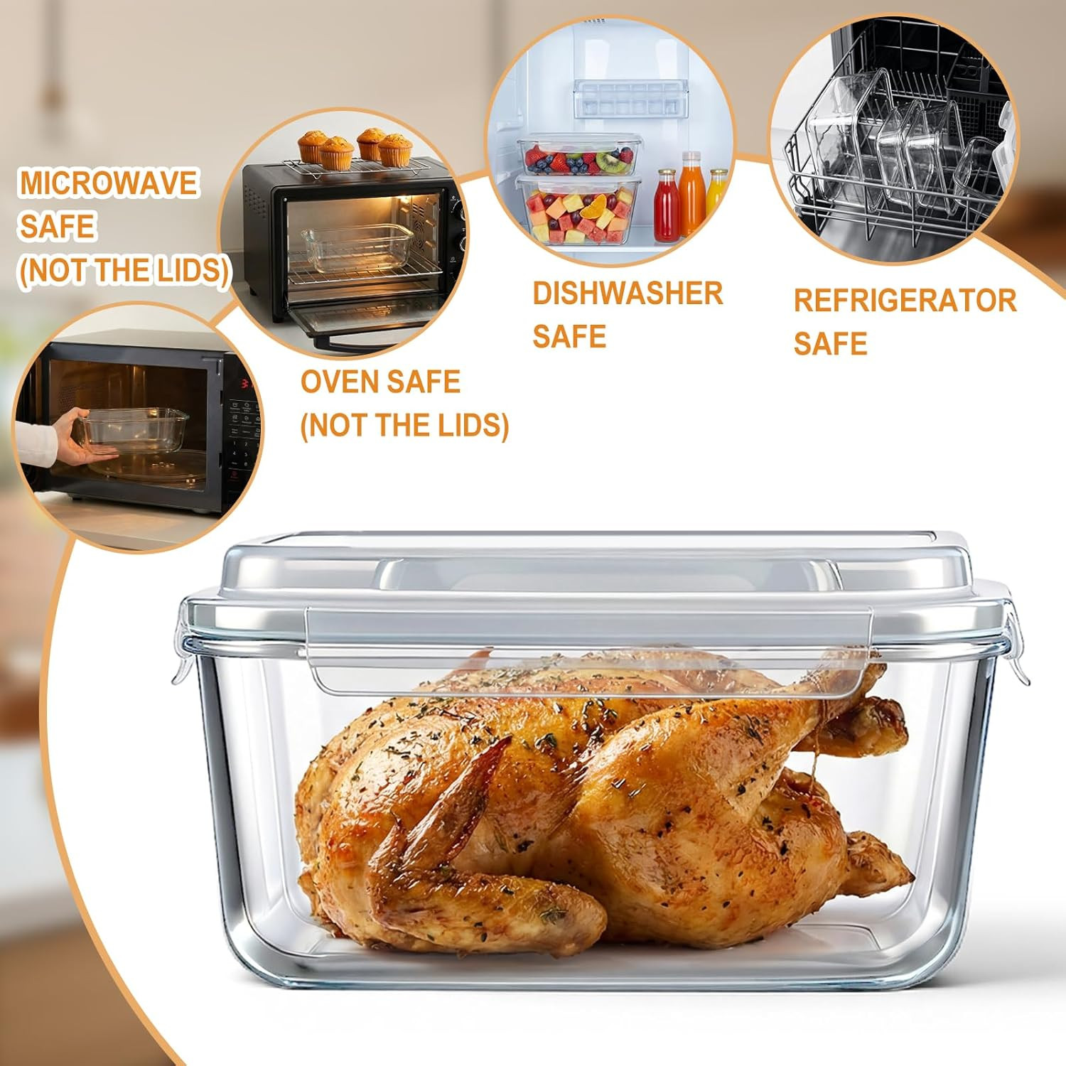 4 Pcs Extra Large Glass Food Storage Container with Airtight Locking Lid 205Oz 8