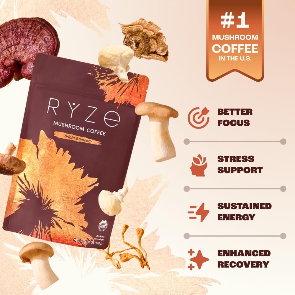Pack of 4 RYZE MUSHROOM Coffee Bright & Smooth Gut Health Supplement 30 Servings