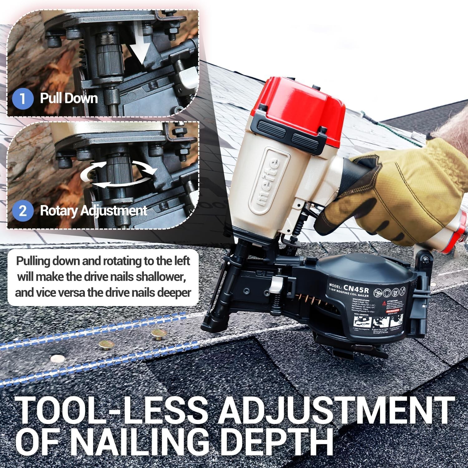 meite 15 Degree Roofing Nailer CN45R Pneumatic Coil Roofing Nail Gun Pistolas