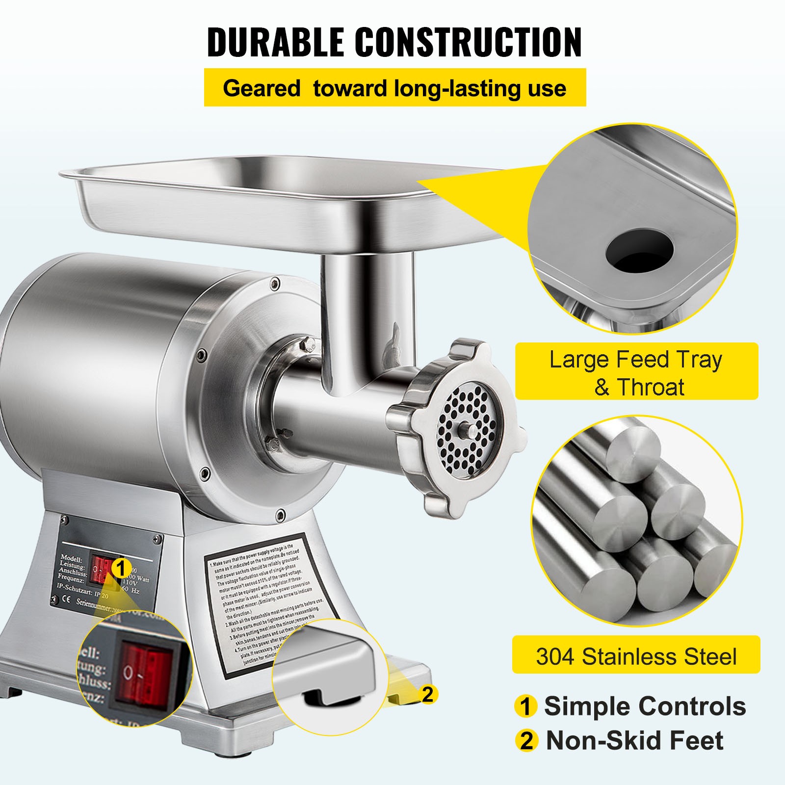 VEVOR 550lbs/H Electric Meat Grinder 1.5HP Commercial Sausage Stuffer Filler