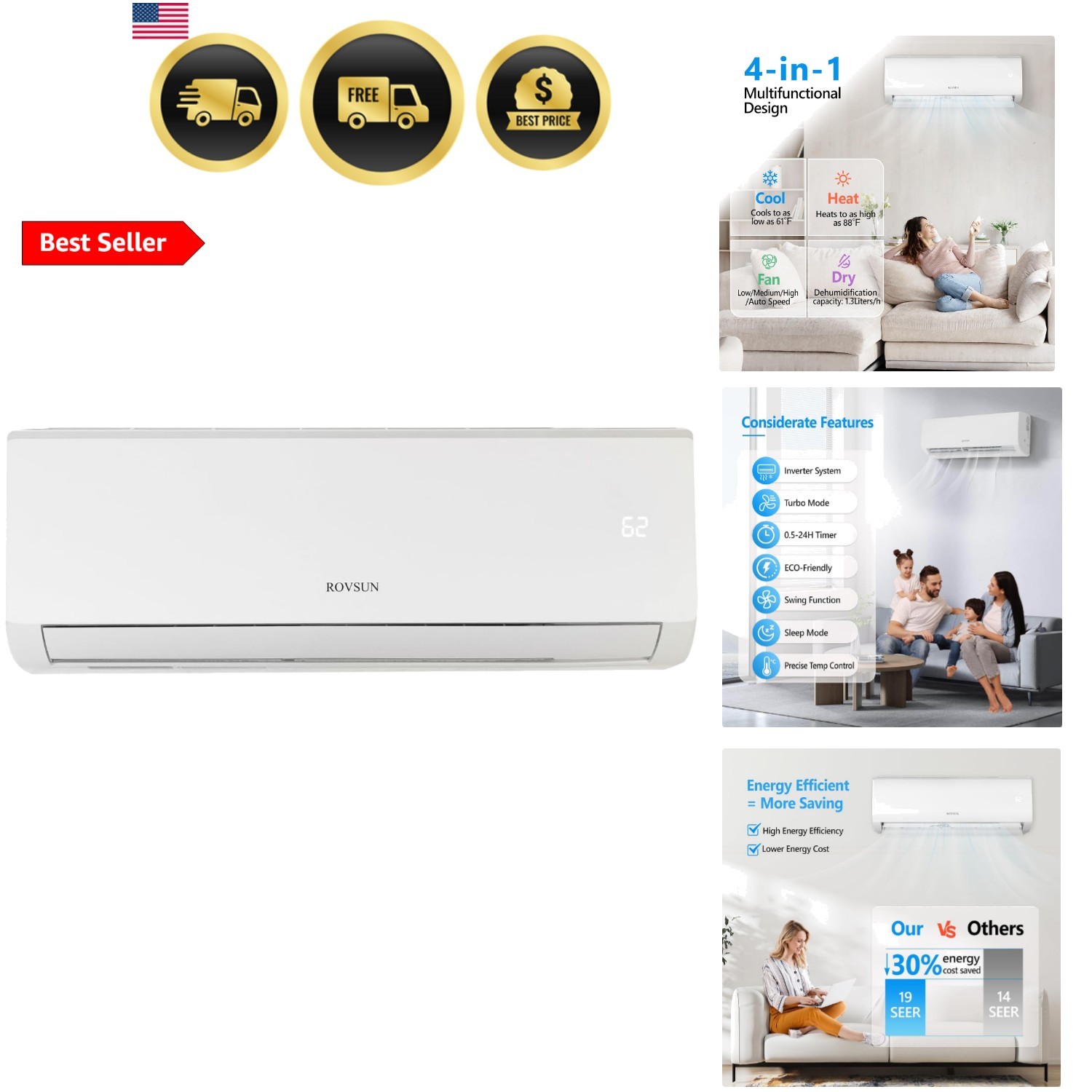 18000 BTU Mini Split Air Conditioner Indoor Unit Only, 230V Ductless Wall Mou…