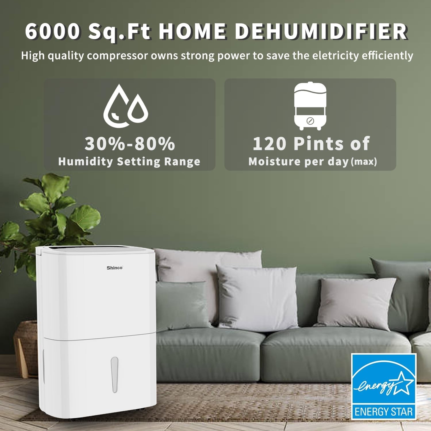 Shinco 6000 Sq Ft Energy Star Dehumidifier with WiFi for Basement