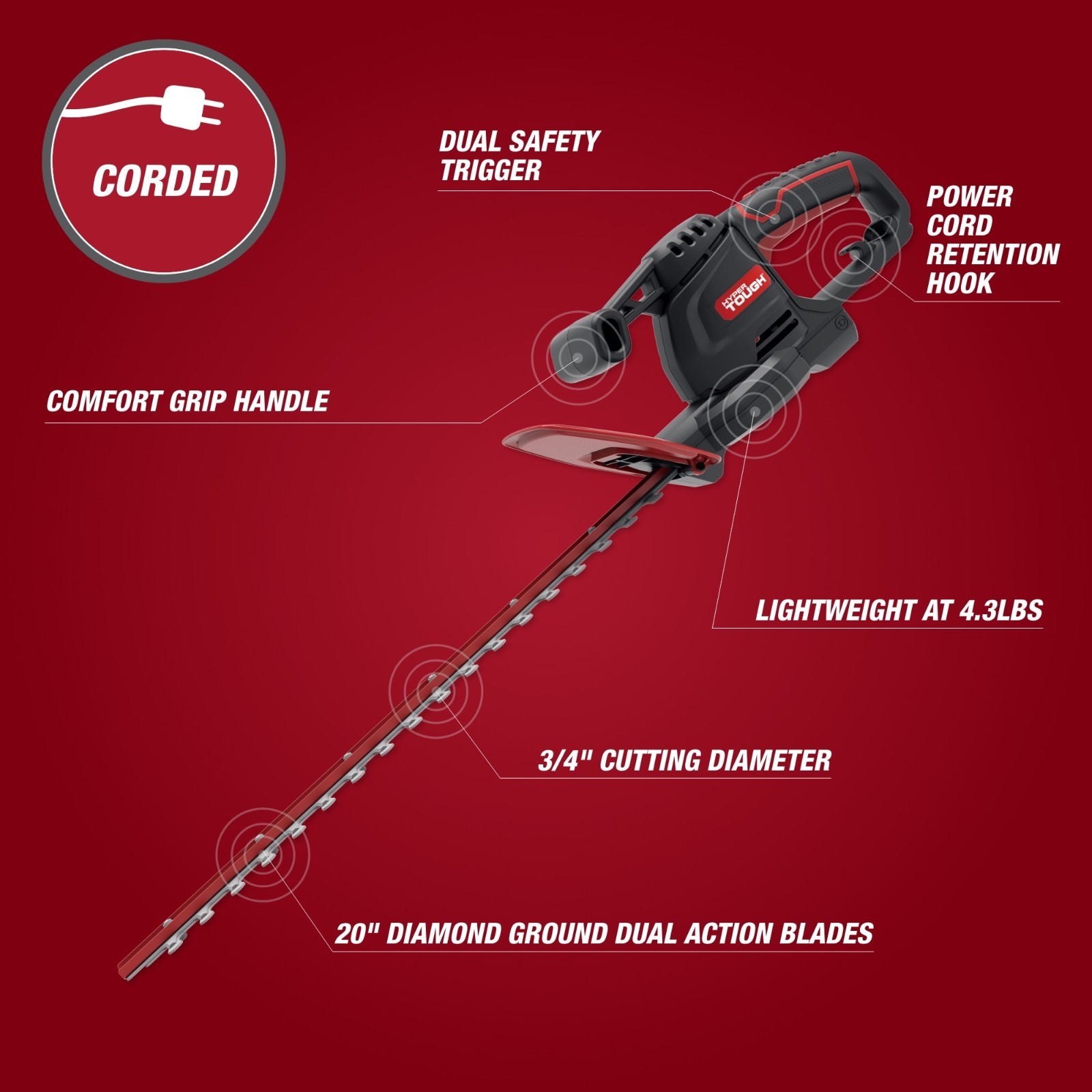 Hyper Tough 3.7-Amp 20 in. Corded Electric Hedge Trimmer HT21-401-002-02 [New]