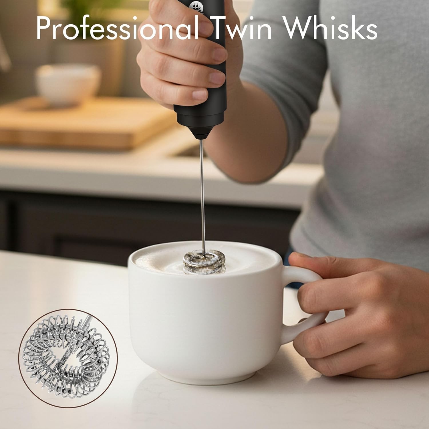 Rechargeable Handheld Milk Frother 2-IN-1 Dual Spring Electric Wand for Latte