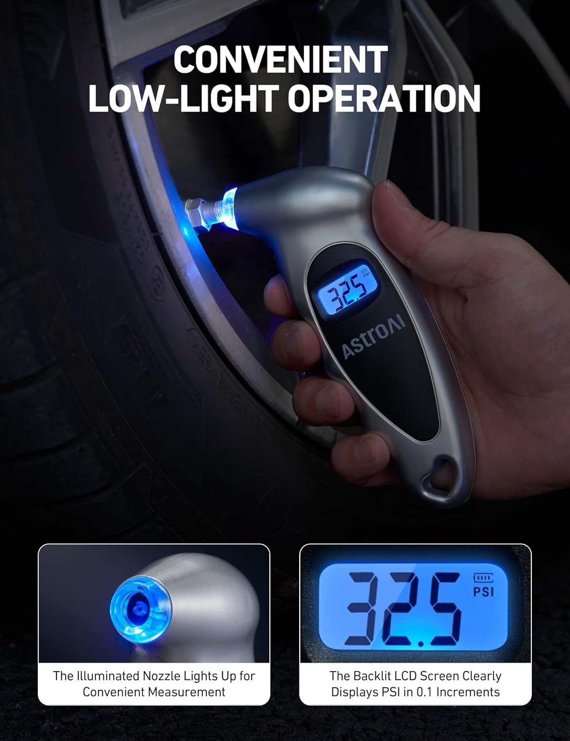 AstroAI Silver Digital Tire Pressure Gauge 0-150PSI Backlight LCD