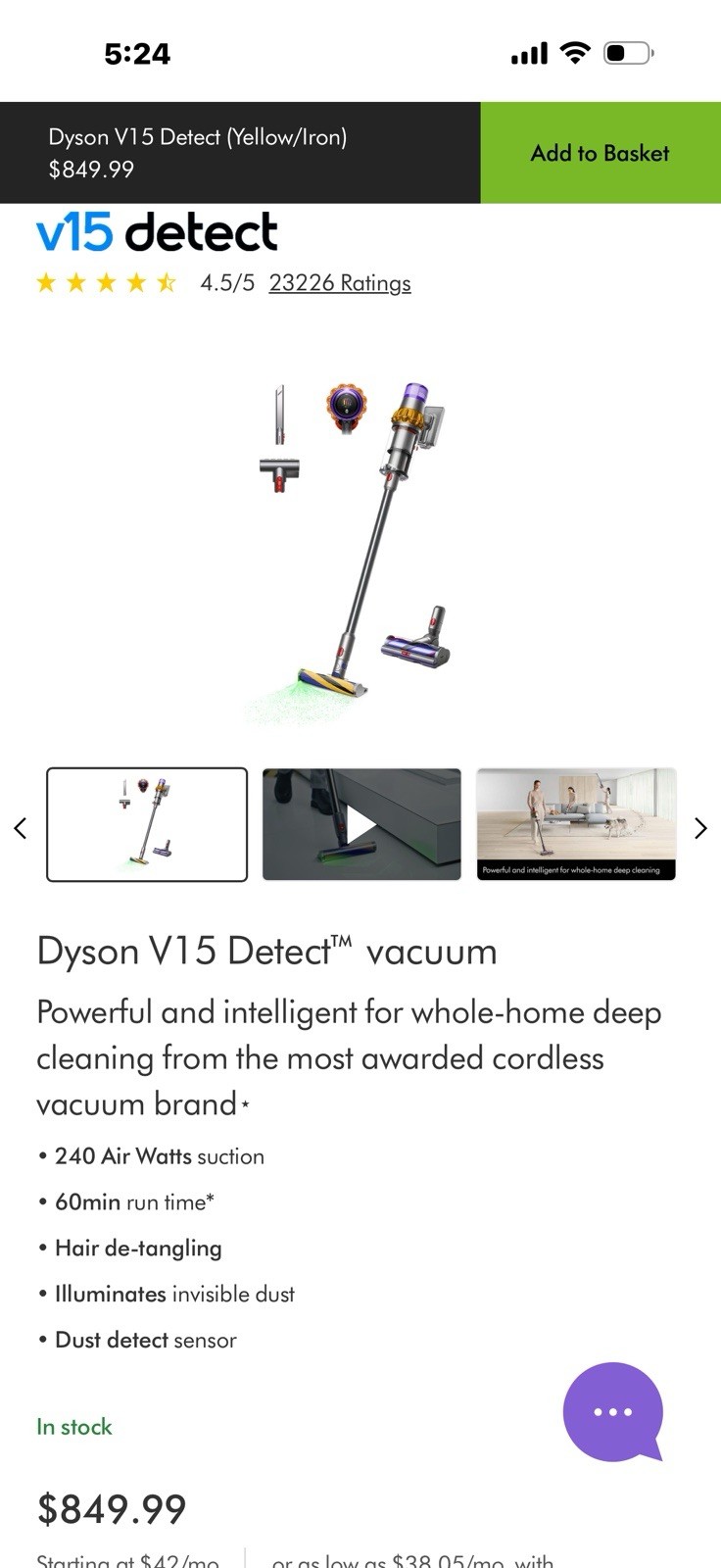 Dyson V15 Detect Cordless Stick Vacuum Cleaner – Yellow/Nickel (447261-01) New