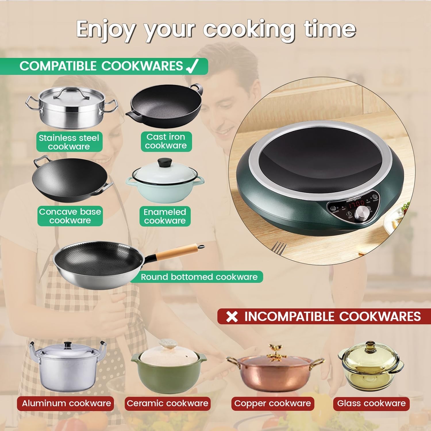 Abangdun 1700W 100V～185V Induction Cooktop Wok With Pan Electric Stove Burner