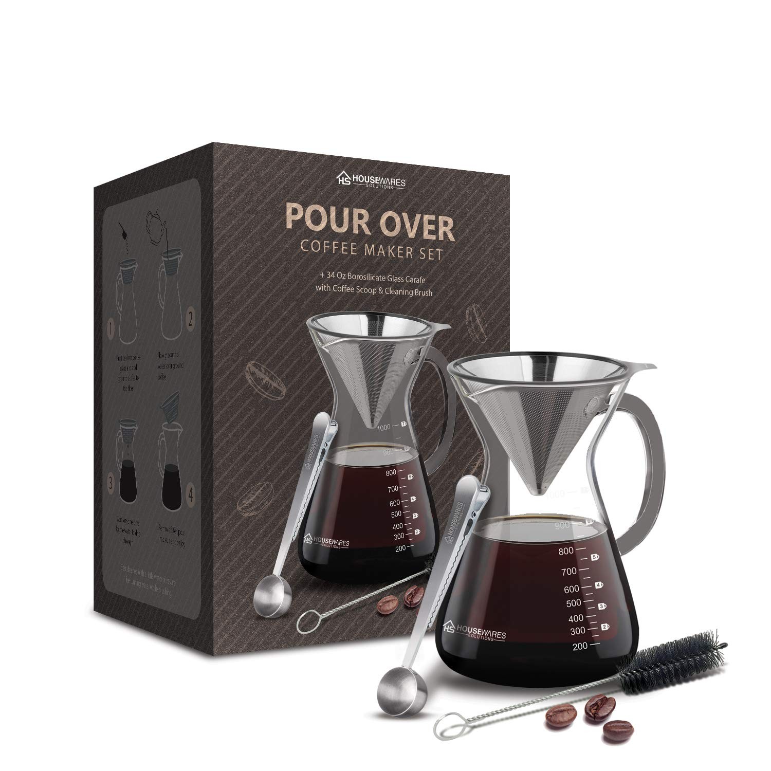 Pour Over Coffee Maker Set – 34 oz Large Borosilicate Glass Stainless Steel