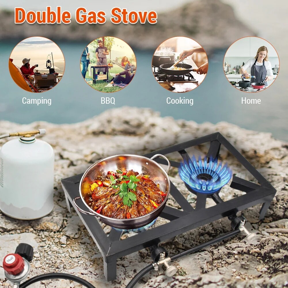 Cast Iron Double Burner Portable Outdoor Camp Stove Propane Gas LPG BBQ Cooker