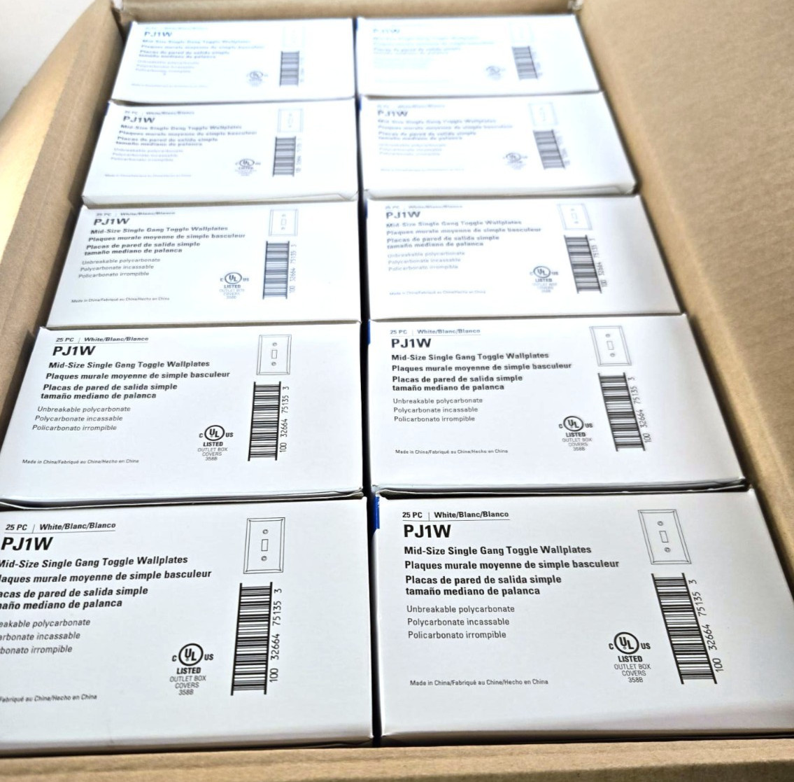 Case of 250 Eaton White Single Gang Mid-Size Toggle Light Switch Wall Plate PJ1W