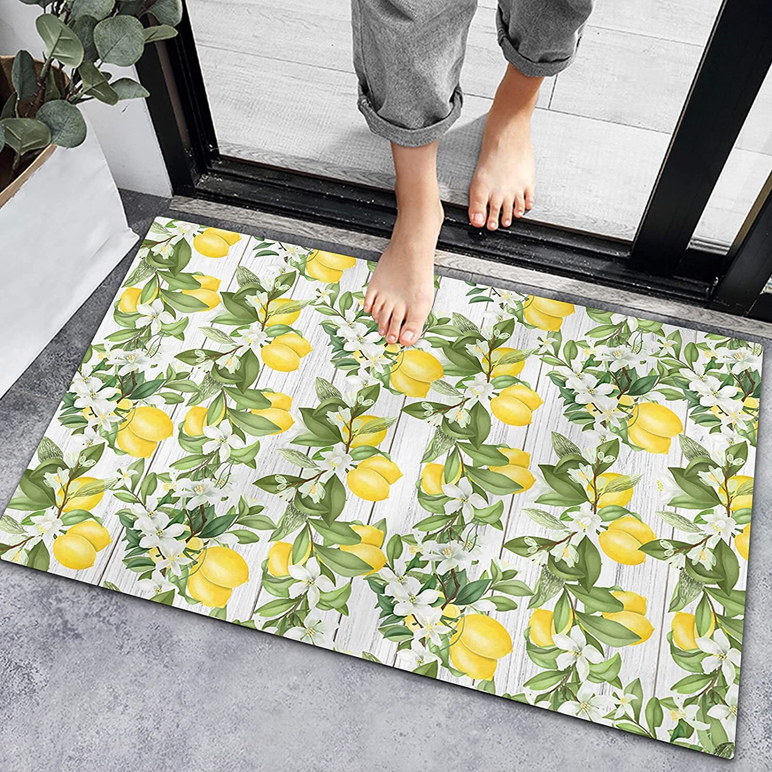 Welcome Doormat Summer Lemon White Flower Green Leaf,Non Slip Indoor Floor Mat