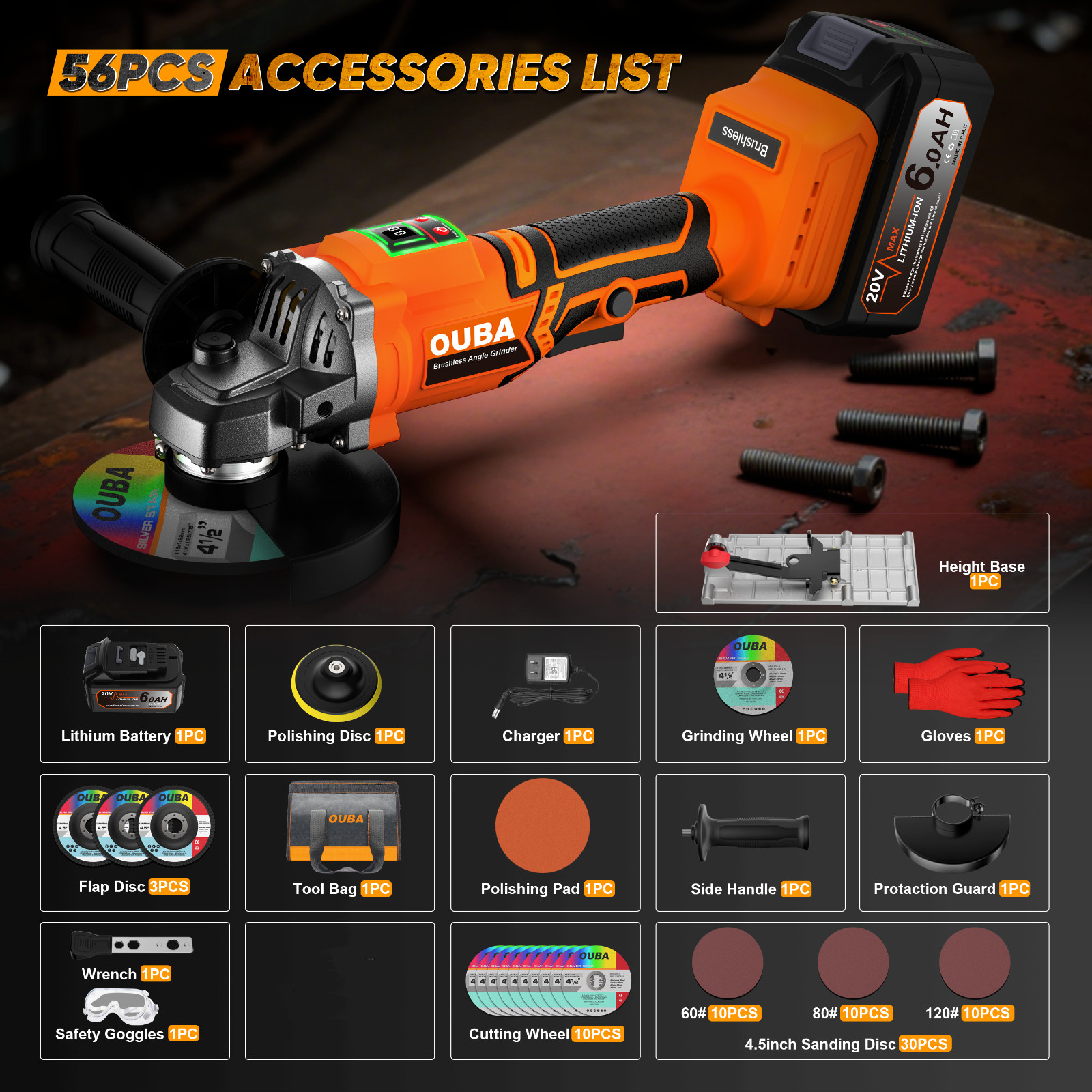 Cordless Angle Grinder for DEWALT 20V 4-1/2″-5″ Brushless 56PCS Battery & Stand