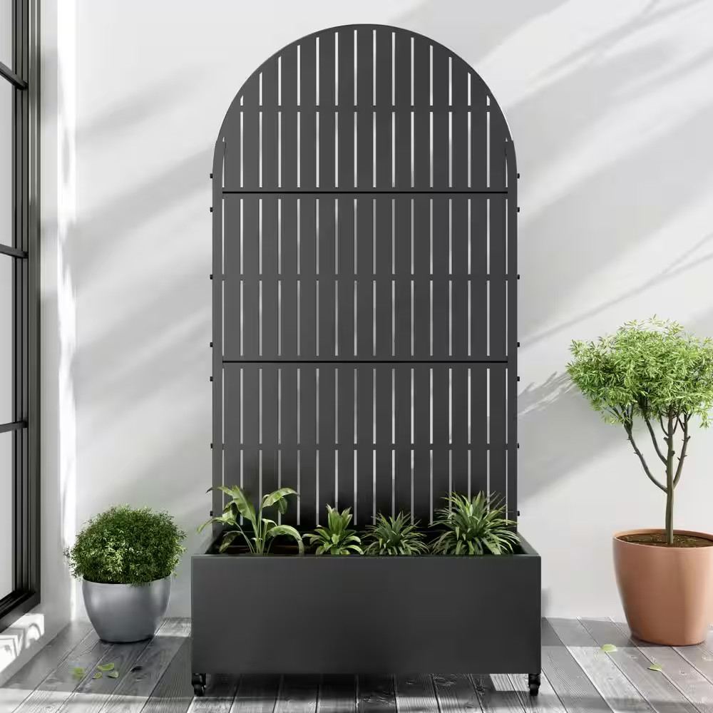 72 In. X 35 In. Arch Black Outdoor Metal Privacy Screen Raised Planter Box Wall