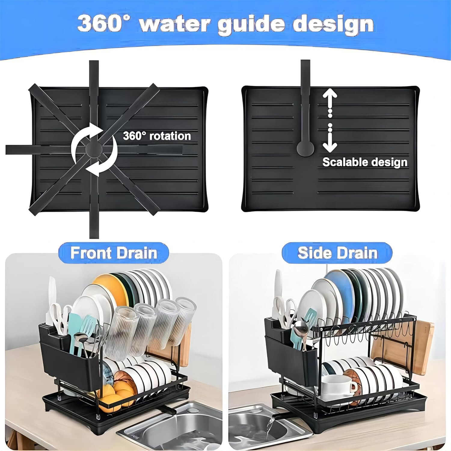 2 Tier Dish Drainer Rack with Drip Tray Cutlery Holder Plate Racks Kitchen Sink