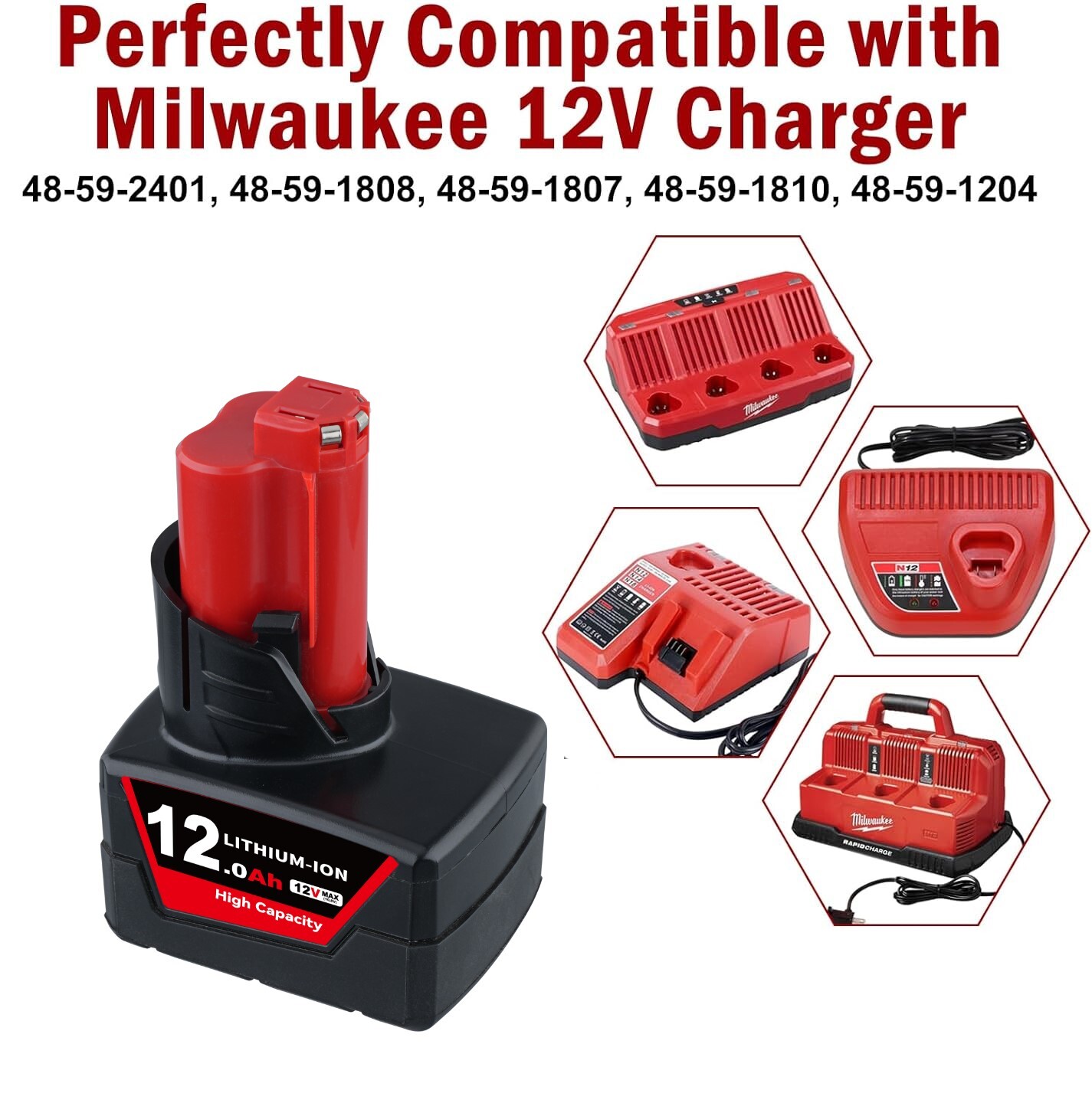 2X 12.0Ah 48-11-2460 for M12 LITHIUM 12V Extended Capacity Battery For Milwaukee