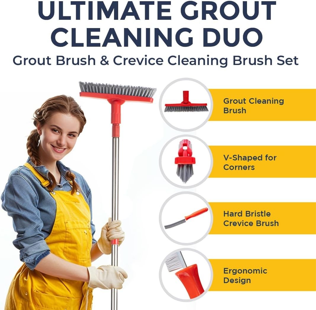 Foxtrot Grout Brush Set: Long Handle, Crevice Cleaner for Tile & Grout