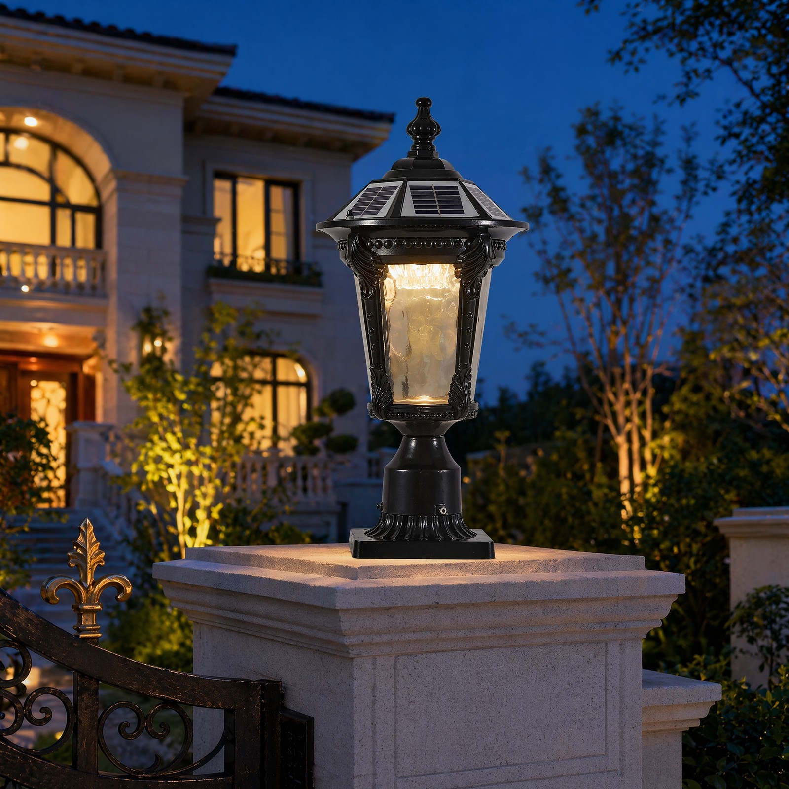 19” Solar Lamp Post Light Outdoor Black Pillar Dusk To Dawn With Remote Control