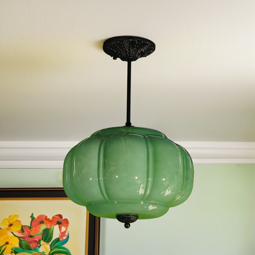 14’Simple Green Pumpkin Shaped Pendant Light,Living Room/dining Room Glass Light