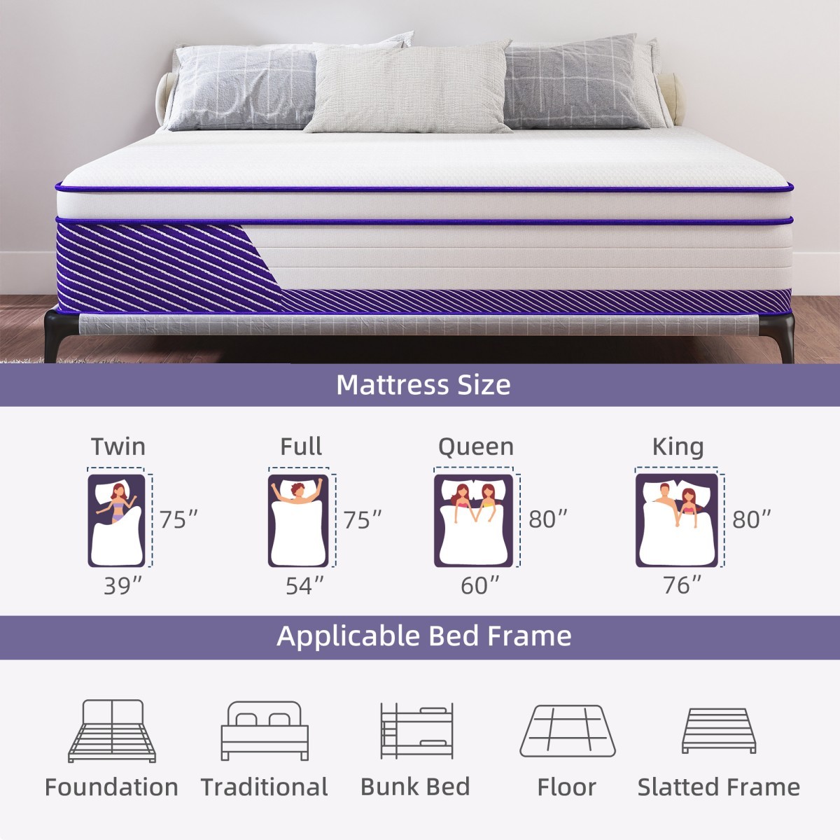 12″14″ Gel Memory Foam Spring Hybrid Queen Mattress Twin Full King Size In A Box