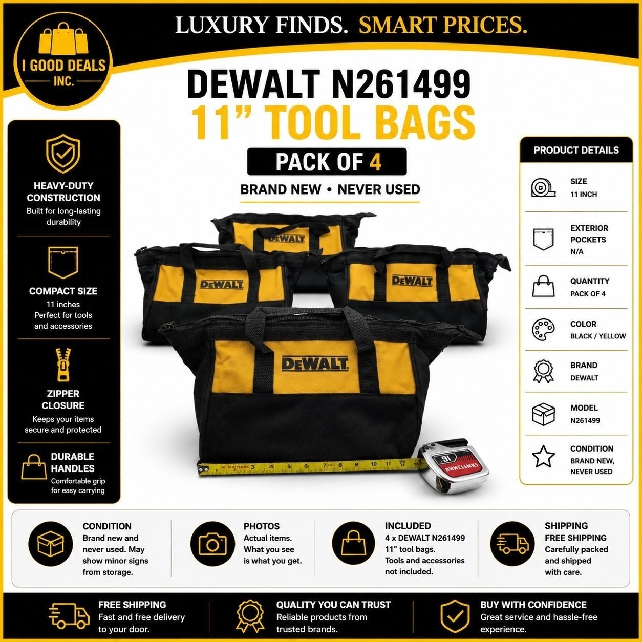 DEWALT N261499 11″ Tool Bags Pack of 4 Black Yellow Heavy Duty Zipper New