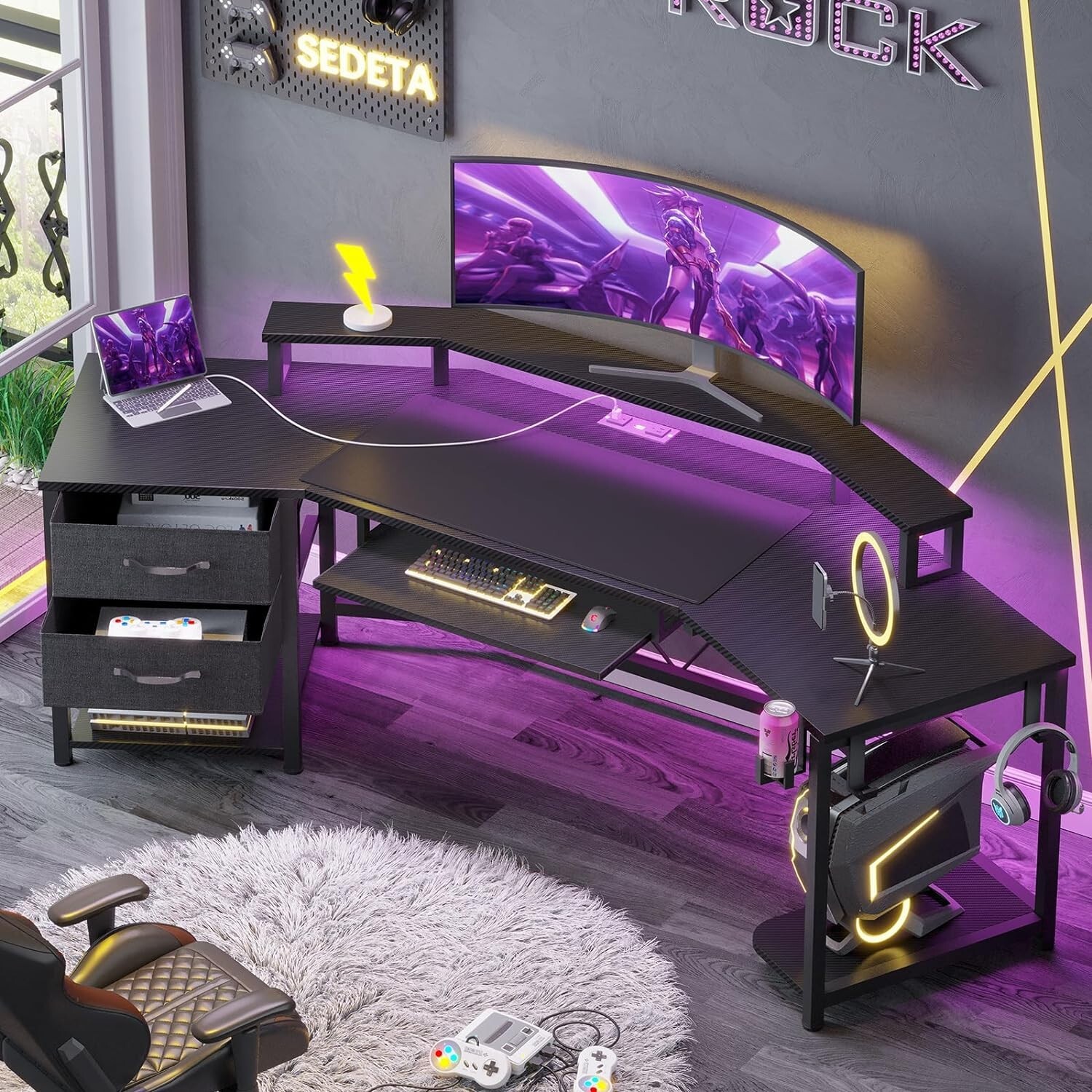 79″ L Shaped Gaming Desk w/Storage Shelf&LED Light Computer Desk for Home Office