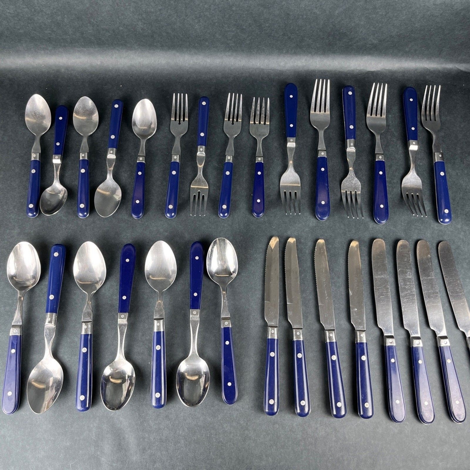 30pc VTG MCM Blue Riveted Handle Flatware Stainless Lifetime Thailand, Korea Mix