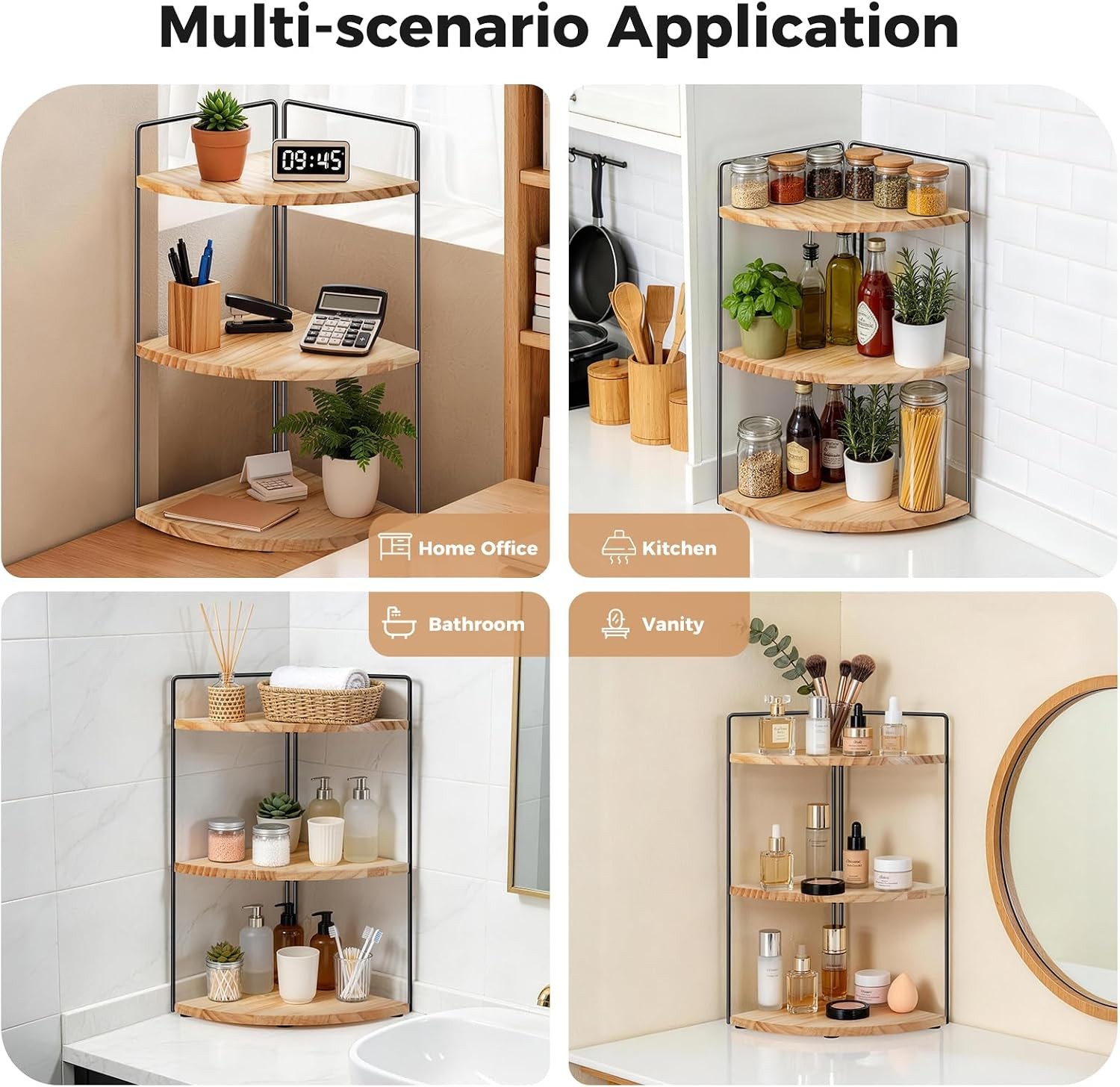 3 Tier Corner Bathroom Counter Organizer – Solid Wood + Metal Stand, Bathroom