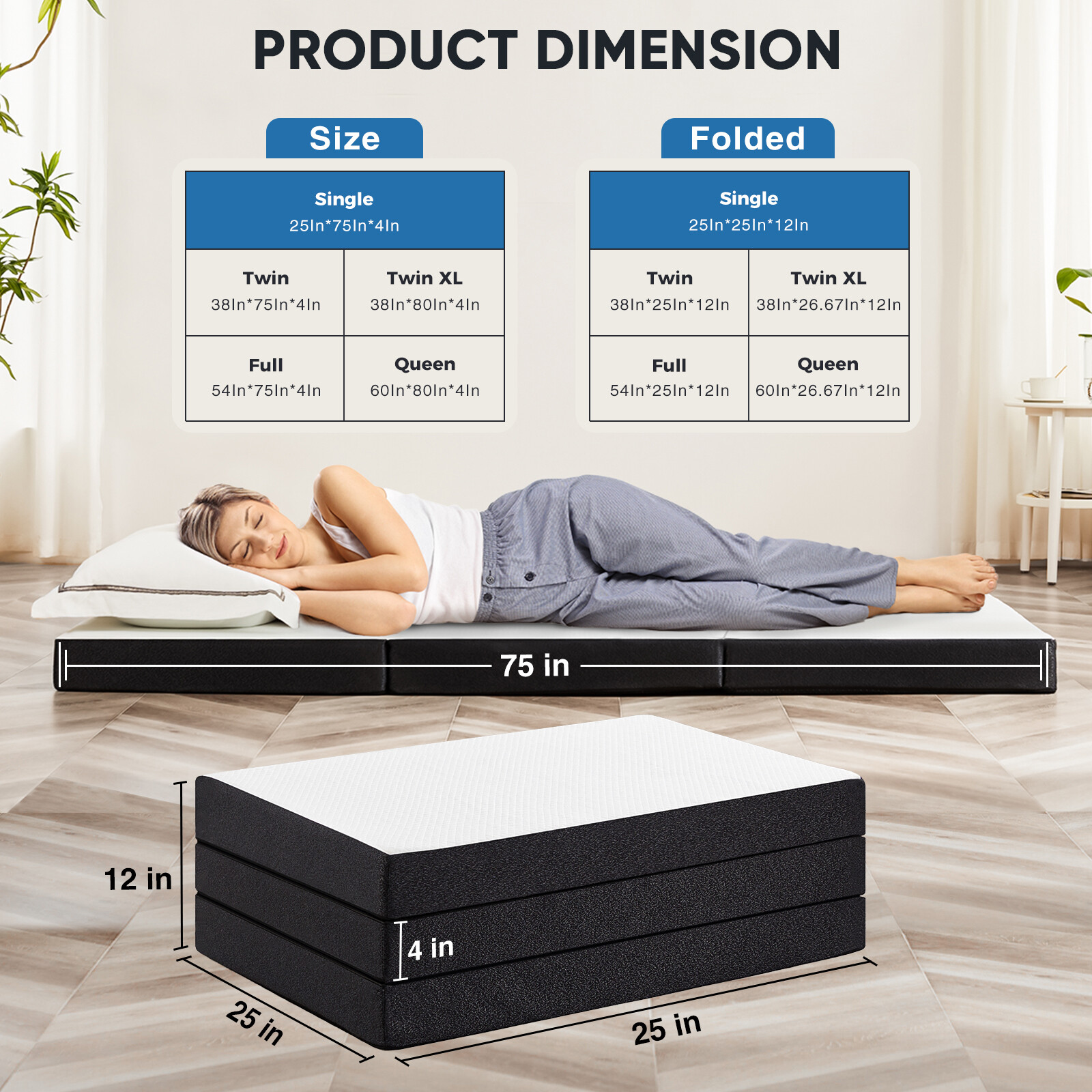 4″ Tri-fold Memory Foam Mattress, Foldable Portable Floor Bed,Washable Cover