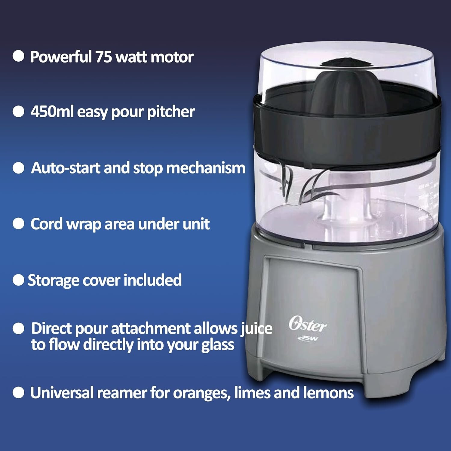 Oster Electric Citrus Juicer, High-Performance Silver 75 Watt Motor Electric