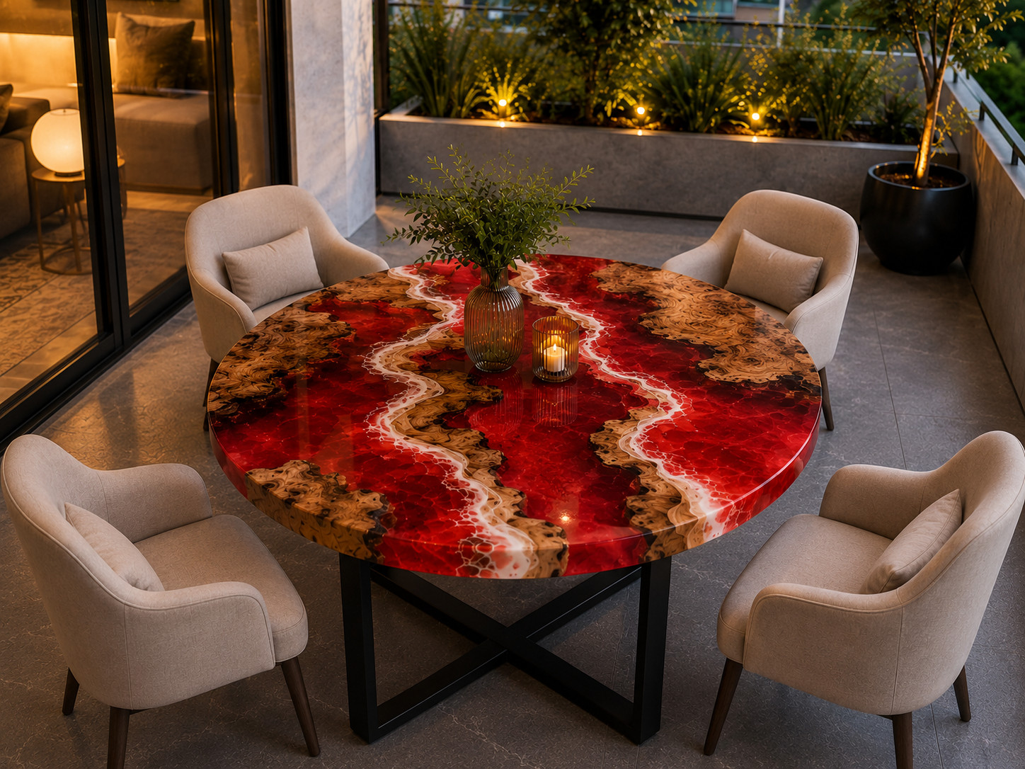 Red Epoxy Resin Round Table Handmade Solid River Wood Custom Hallway Furniture