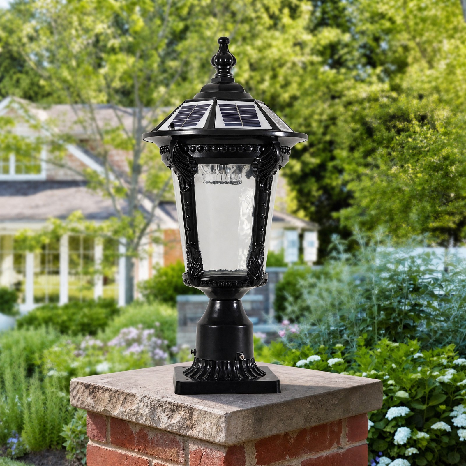19” Solar Lamp Post Light Outdoor Black Pillar Dusk To Dawn With Remote Control