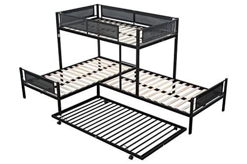 L-Shape Metal Triple Bunk Bed with Trundle 4 Kids,Teens,Adults L-Shape Triple