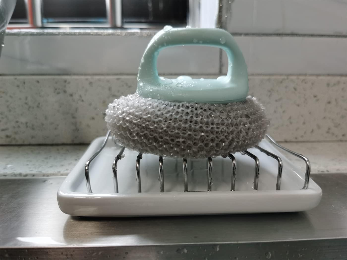 Ceramic Soap Dish with Stainless Steel Drain Tray Self Draining Soap Holder Spon